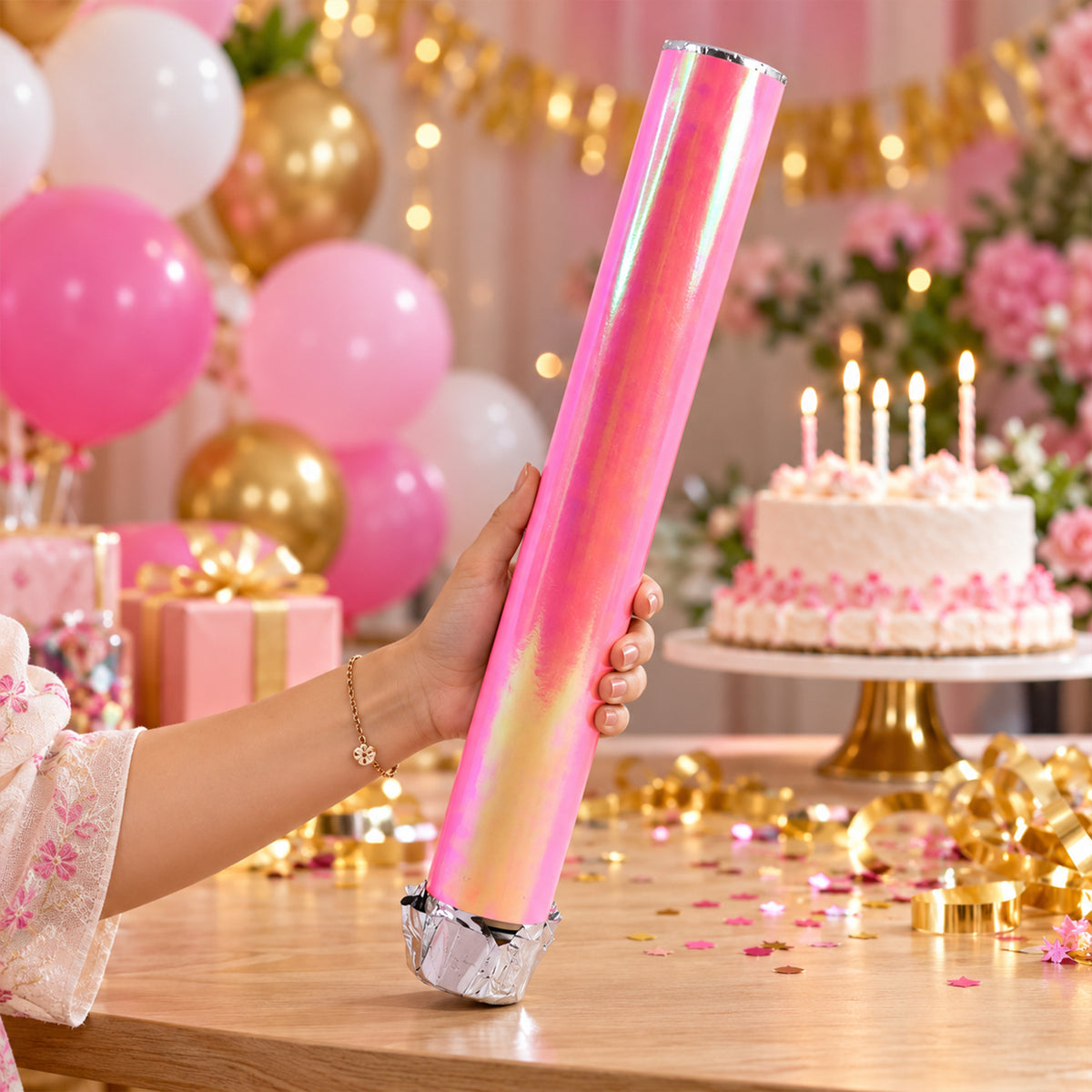 Display of red chamki confetti party popper.