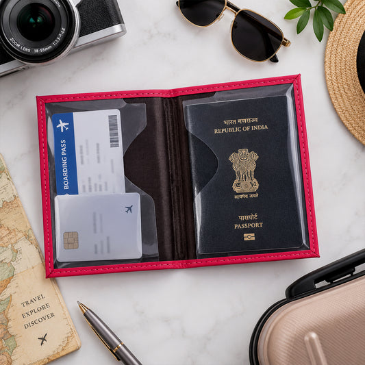 Open pink passport holder with an Indian passport, boarding pass, and card inside, surrounded by travel items.