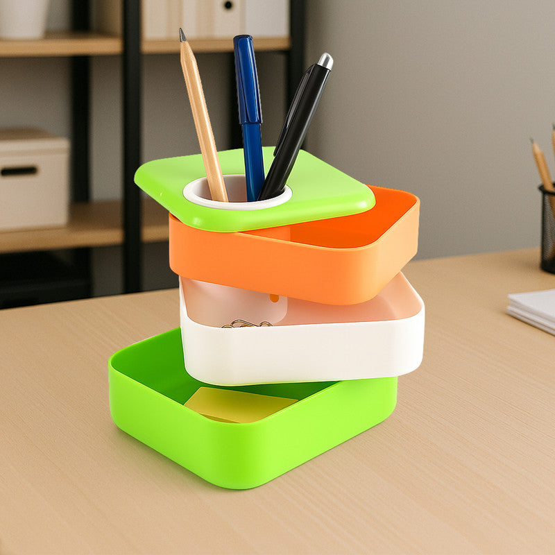 Khyati Tricolour Square Pen Stand with Sliding Drawers – Multi-Functional Desk Organizer
