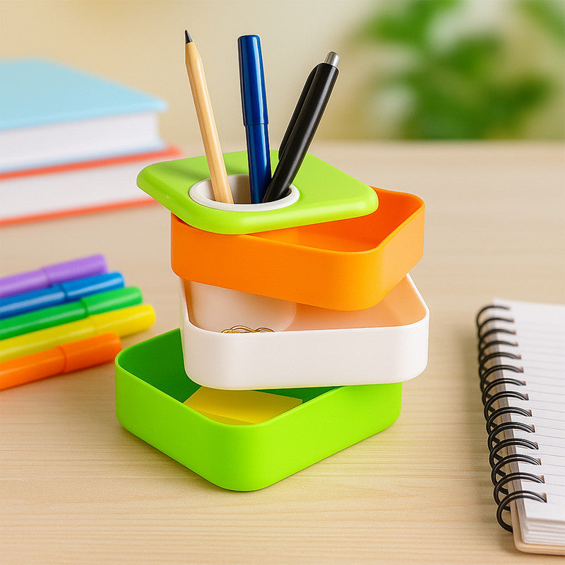 Khyati Tricolour Square Pen Stand with Sliding Drawers – Multi-Functional Desk Organizer