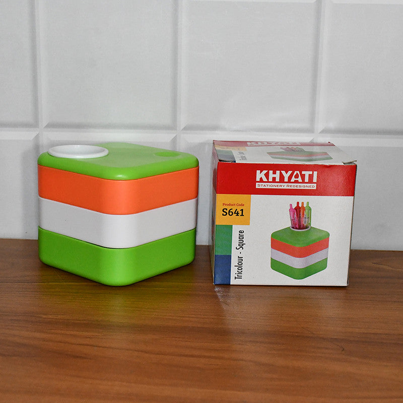 Khyati Tricolour Square Pen Stand with Sliding Drawers – Multi-Functional Desk Organizer