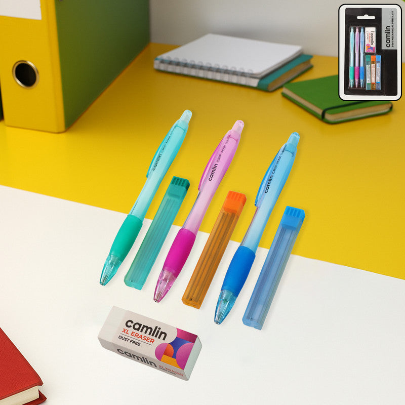 Camlin 3 in 1 Mechanical Pencil Kit – 0.5 mm, 0.7 mm & 0.9 mm Pencils with Hi-Par Leads and XL Dust-Free Eraser – Complete Writing Set
