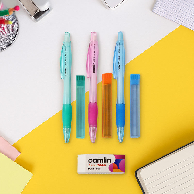 Camlin 3 in 1 Mechanical Pencil Kit – 0.5 mm, 0.7 mm & 0.9 mm Pencils with Hi-Par Leads and XL Dust-Free Eraser – Complete Writing Set