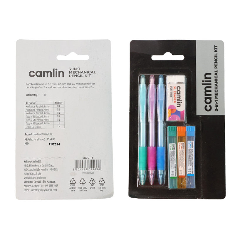 Camlin 3 in 1 Mechanical Pencil Kit – 0.5 mm, 0.7 mm & 0.9 mm Pencils with Hi-Par Leads and XL Dust-Free Eraser – Complete Writing Set