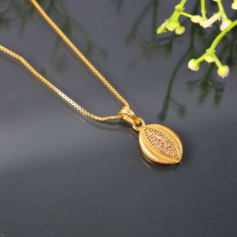Front view of gold-plated pendant necklace with teardrop shape and sparkling stones