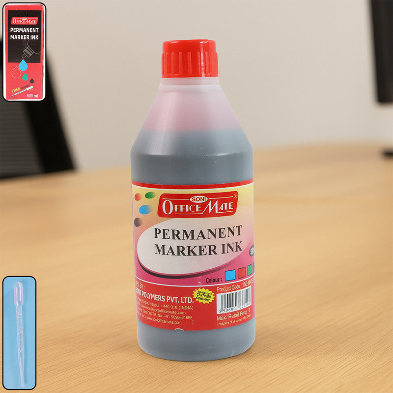 Office Mate Permanent Marker Ink Refill – Red Colour (500 ml) with Dropper