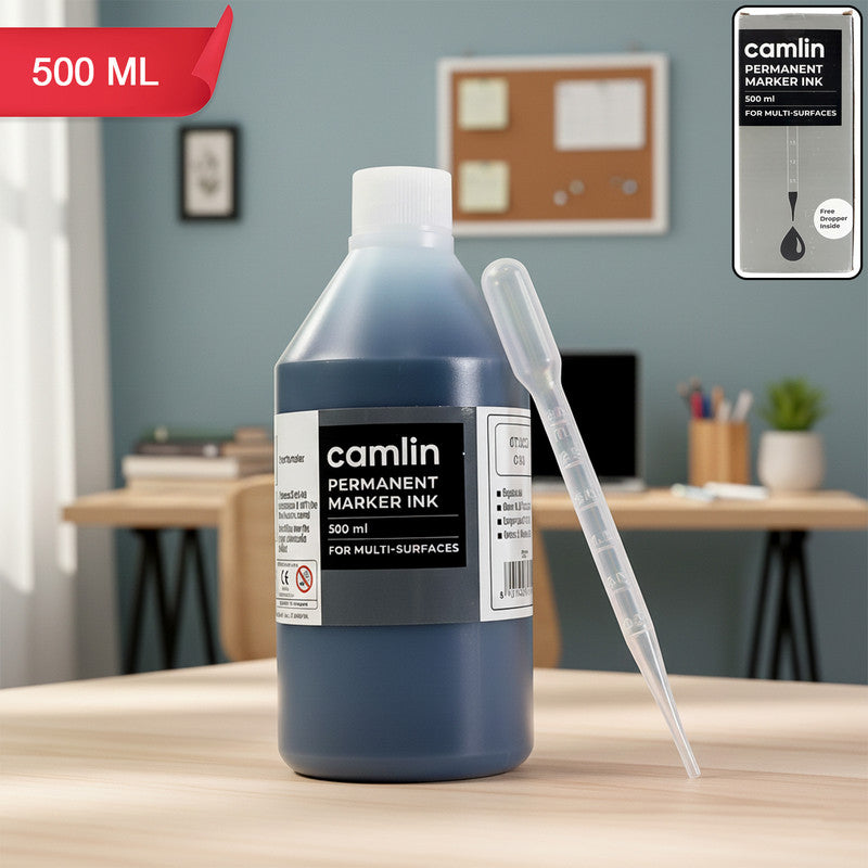 Camlin Permanent Marker Ink Black – 500 ml Refill Bottle with Free Dropper for Multi-Surface Markers