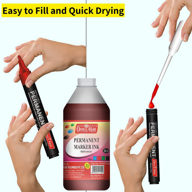 Office Mate Permanent Marker Ink Refill – Red Colour (500 ml) with Dropper