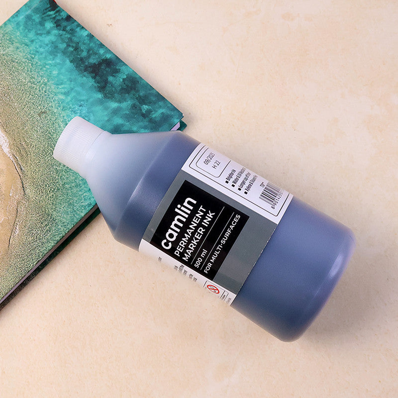 Camlin Permanent Marker Ink Black 500 ml – Multi-Surface Refill Ink with Free Dropper