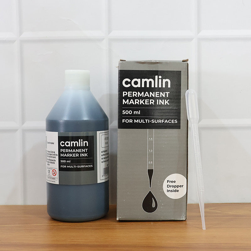Camlin Permanent Marker Ink Black – 500 ml Refill Bottle with Free Dropper for Multi-Surface Markers