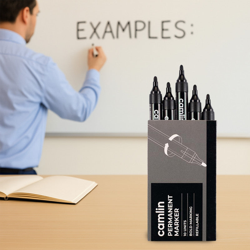 Camlin Permanent Marker – Black Colour, Bold & Long-Lasting Ink, Refillable Multi-Surface Permanent Markers – Pack of 10