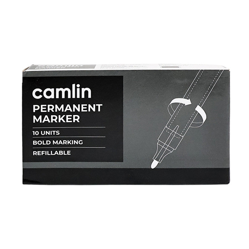 Camlin Permanent Marker – Black Colour, Bold & Long-Lasting Ink, Refillable Multi-Surface Permanent Markers – Pack of 10