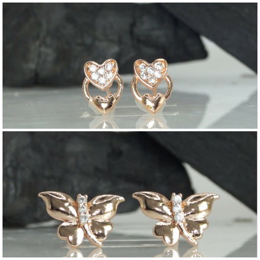 Rose Gold Heart & Butterfly Stud Earrings Set for women and girls Combo Pack of 2