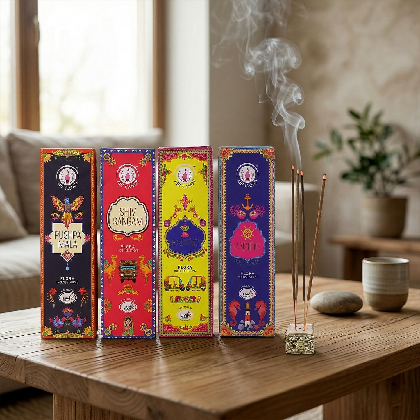 Premium Flora Incense Sticks Combo Pack with 4 Fragrance Variants for Daily Puja & Home Fragrance (4 Packs of 360gm)