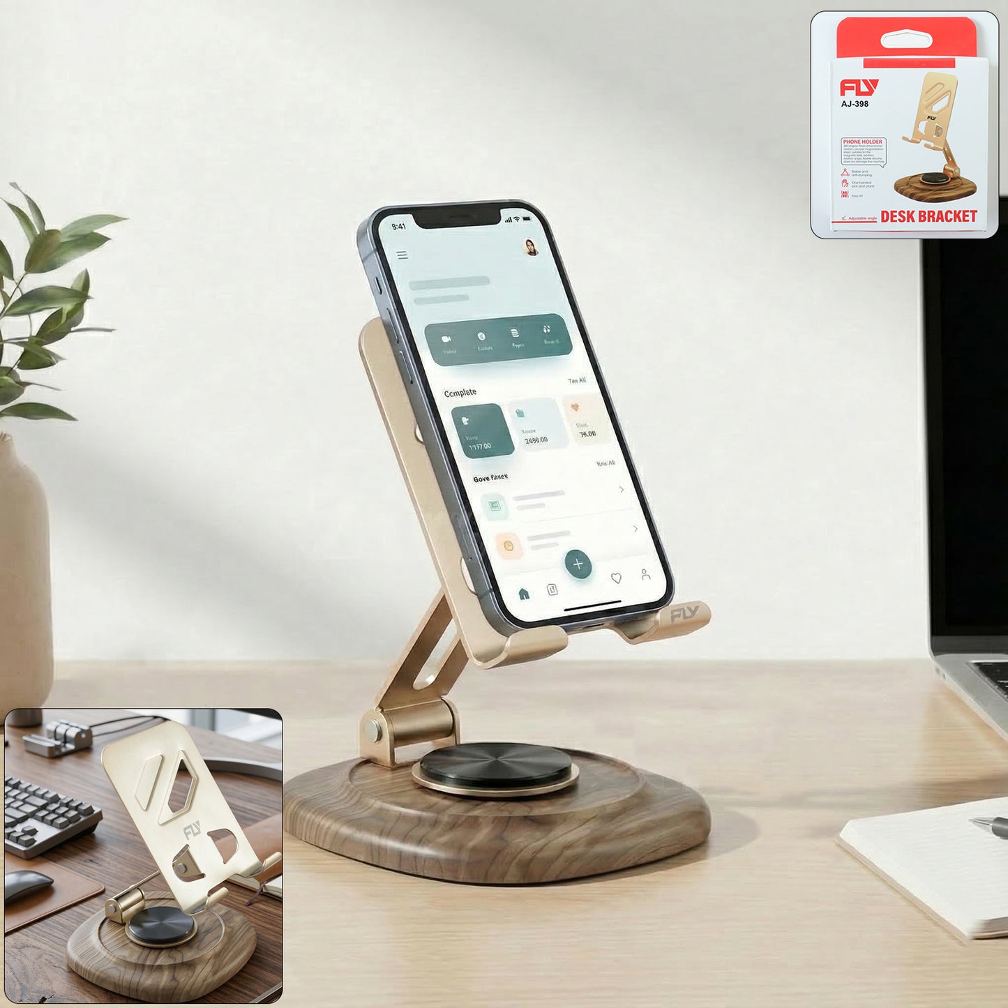 Adjustable metal desk phone stand with plastic base