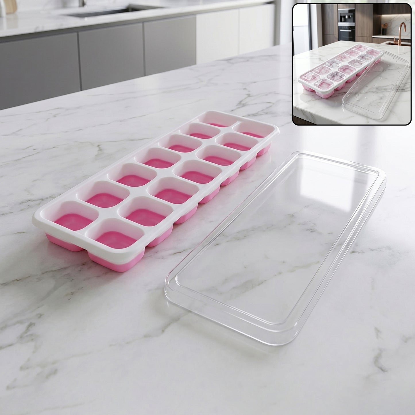 Pink plastic ice cube tray with lid
