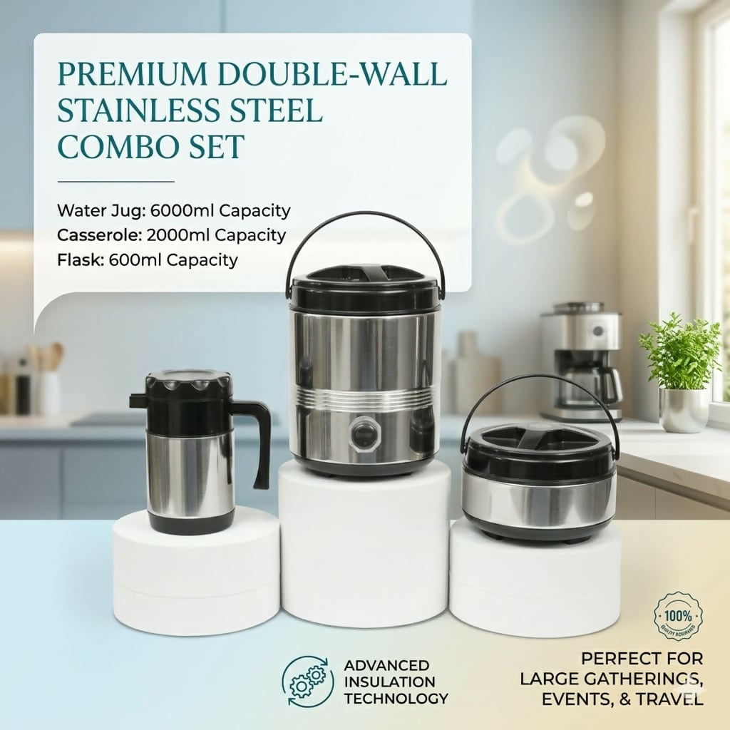 Nilkanth 3-Piece Stainless Steel Combo Set | Insulated Water Jug, Hot-Pot & Flask Set