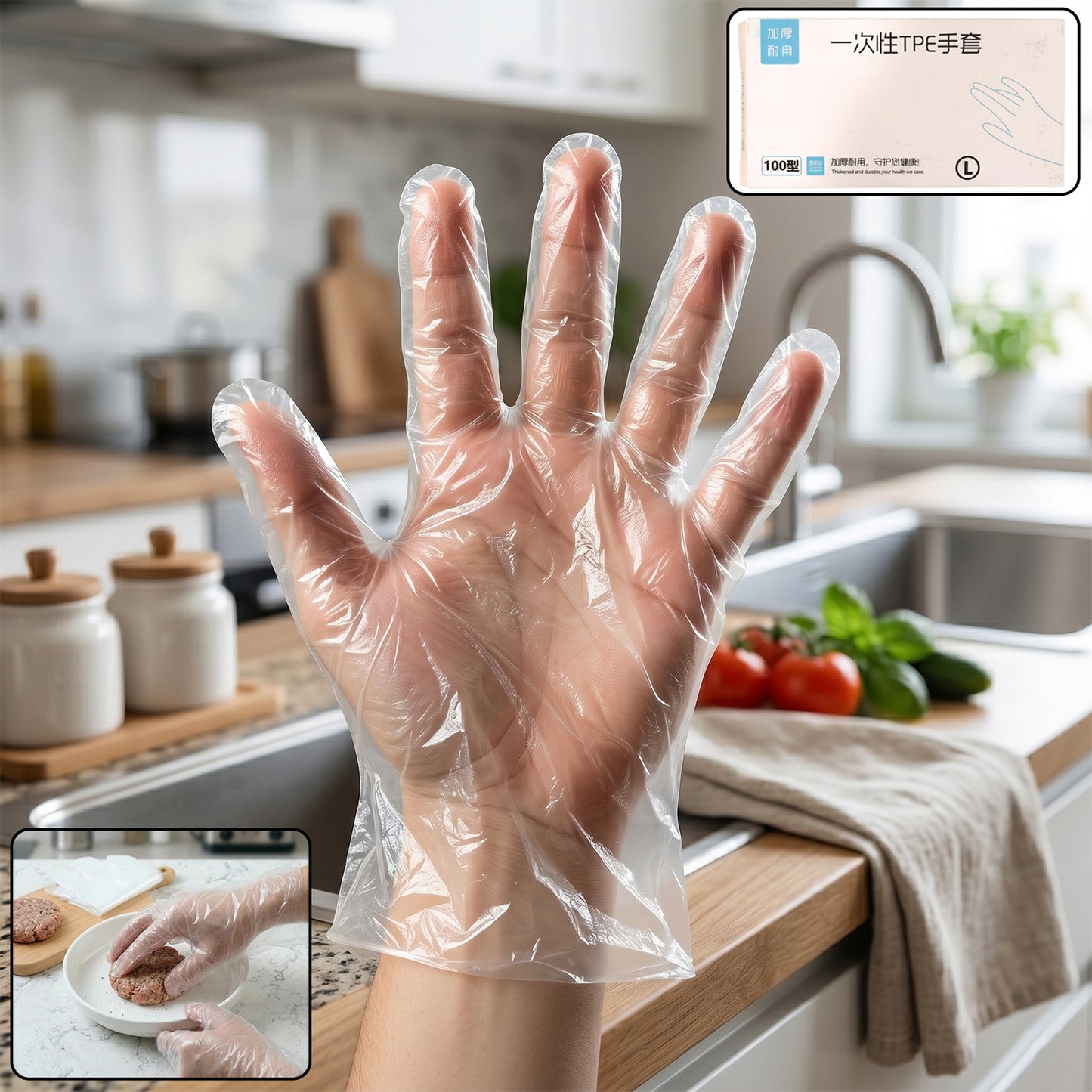 Disposable clear plastic gloves in use