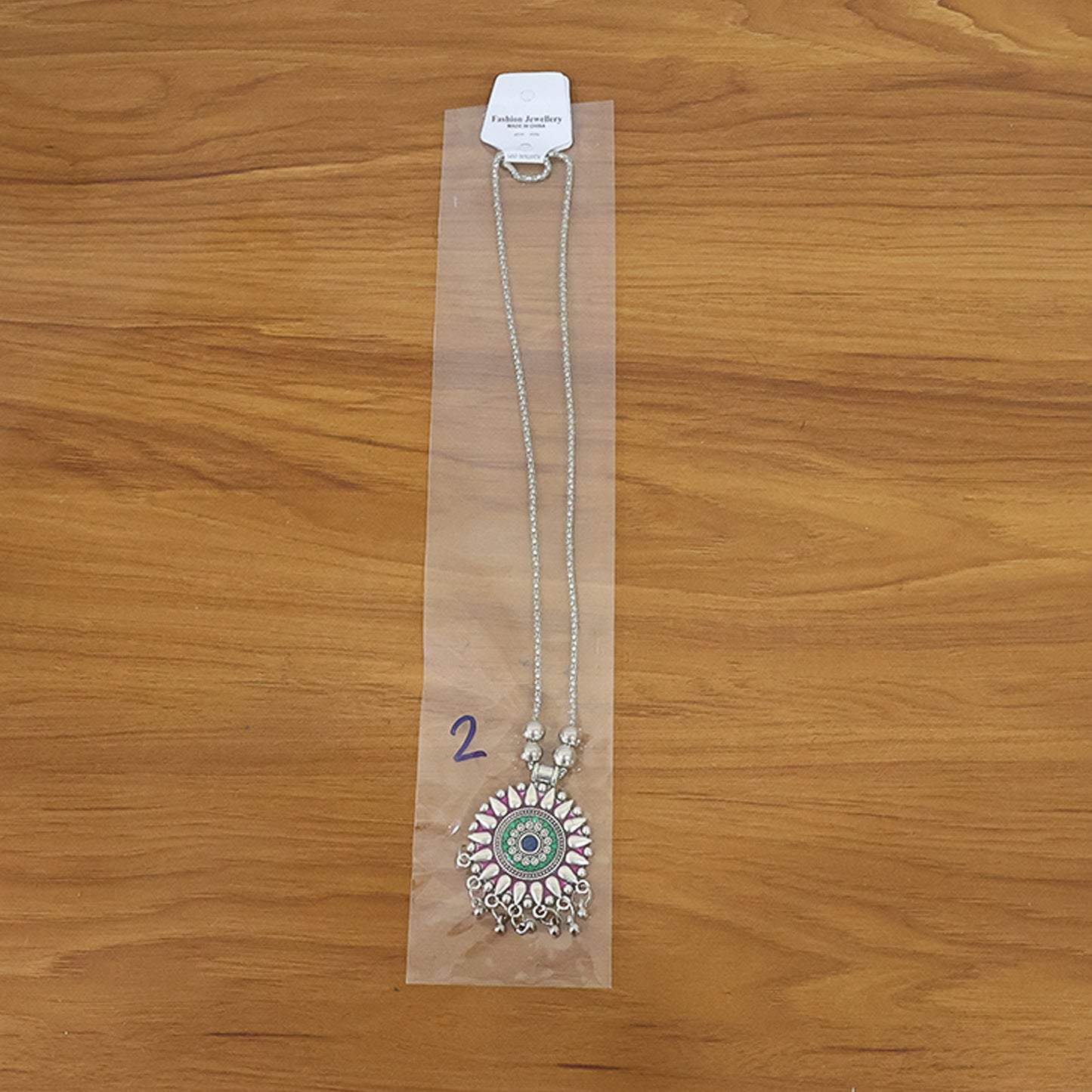 Antique Silver-Tone Oxidized Circular Enamel Pendant Necklace (1 Pc)