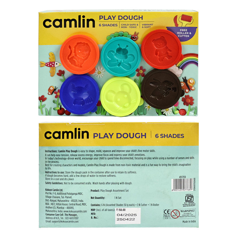 Camlin Play Dough – 6 Assorted Shades with Tools, Non-Toxic Soft Modelling Clay for Kids’ Creative Play