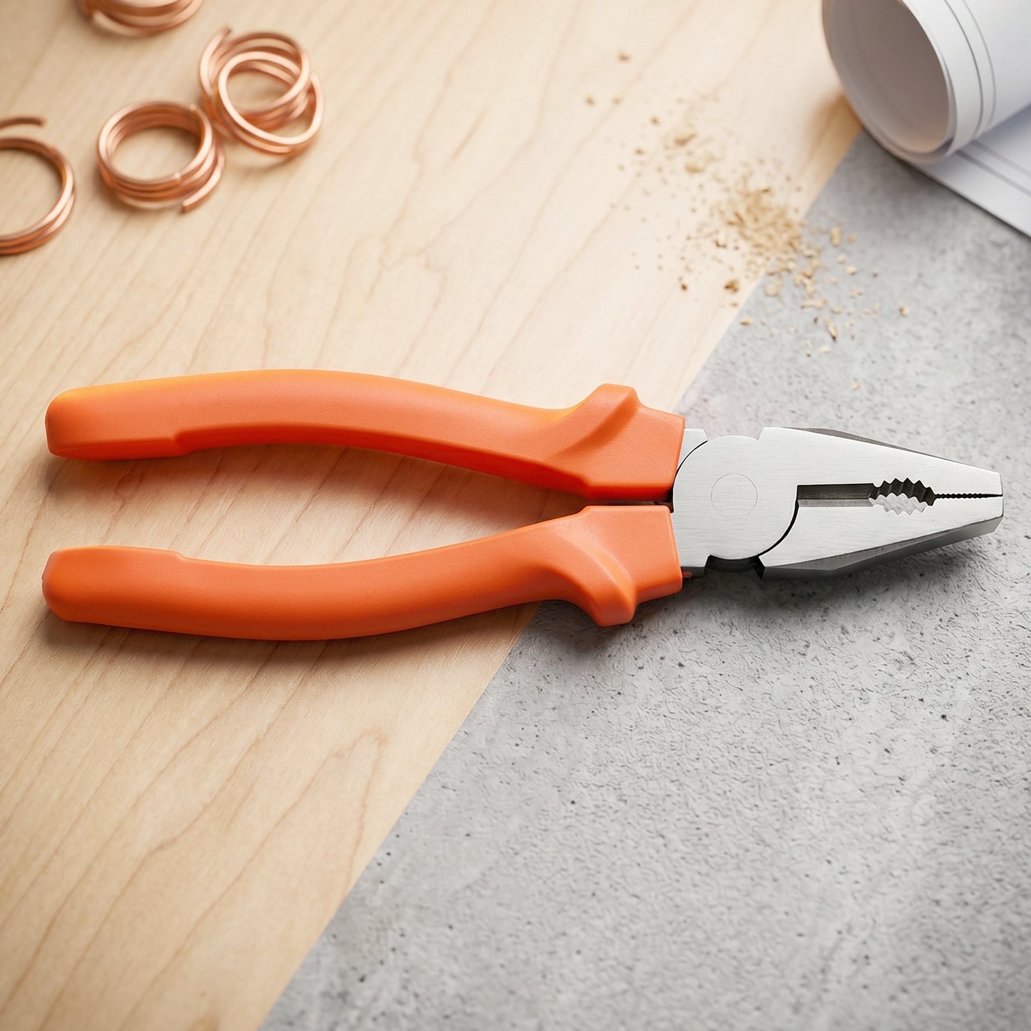 Close-up of combination pliers showing serrated gripping surface and built-in wire cutter