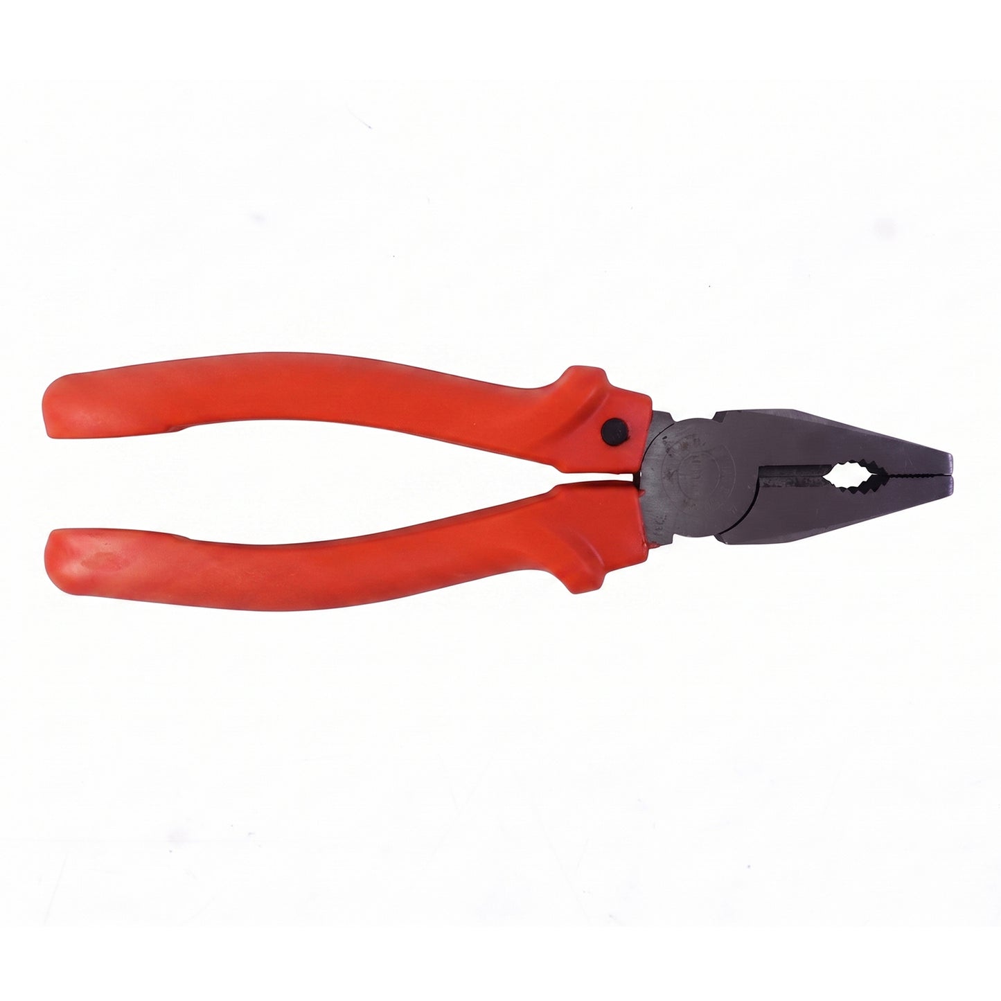 Tool with steel jaws and orange insulated handles for wire cutting and gripping