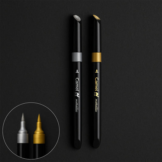 Camel metallic brush pens pack showing gold and silver shades ideal for calligraphy