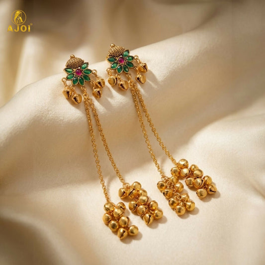 Handcrafted Floral Stud Long Drop Ghungroo Jhumki Earrings