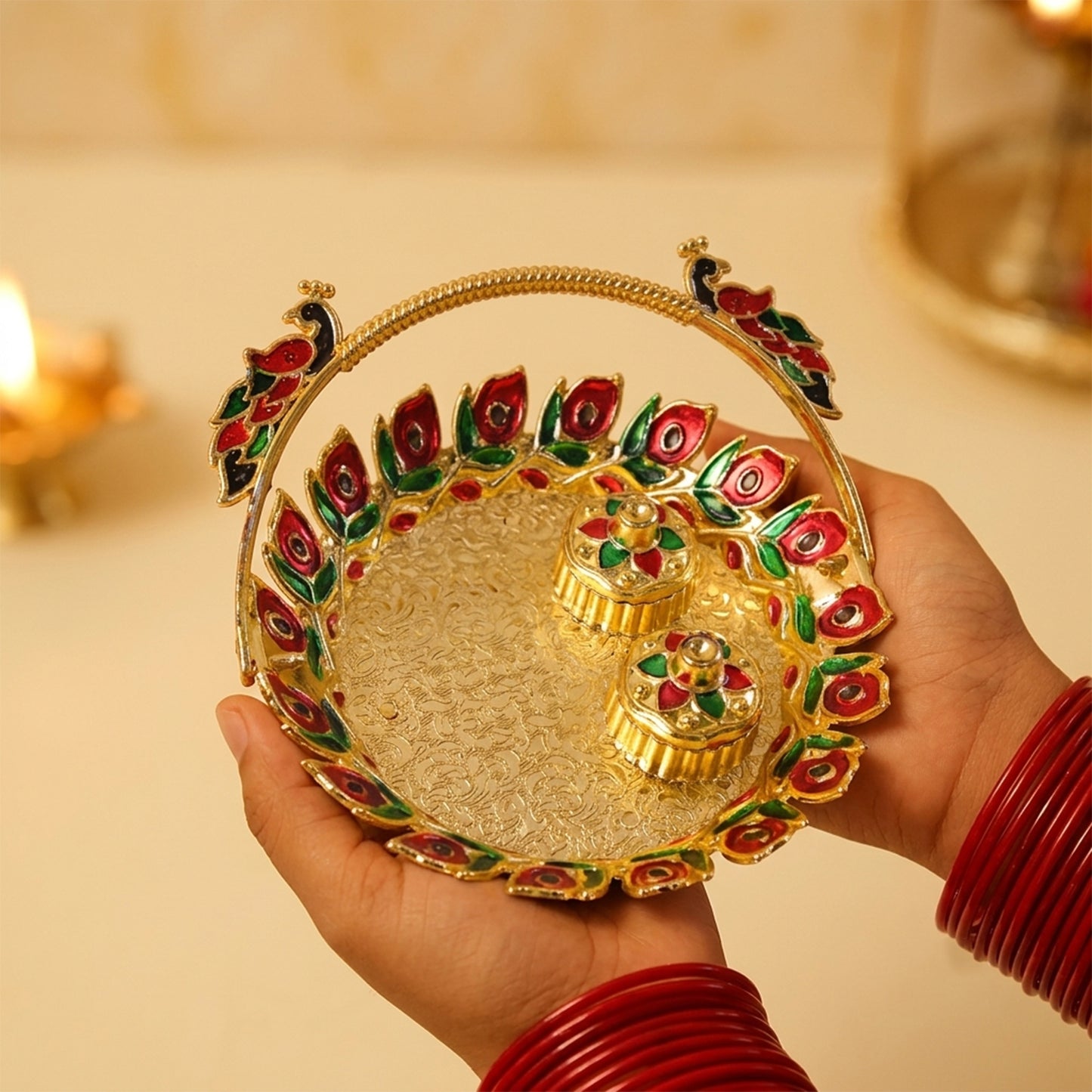 Metal Peacock Handle Kumkum Dish (1 Pc)