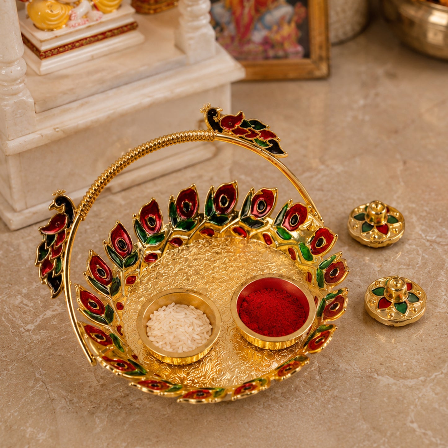 Metal Peacock Handle Kumkum Dish (1 Pc)