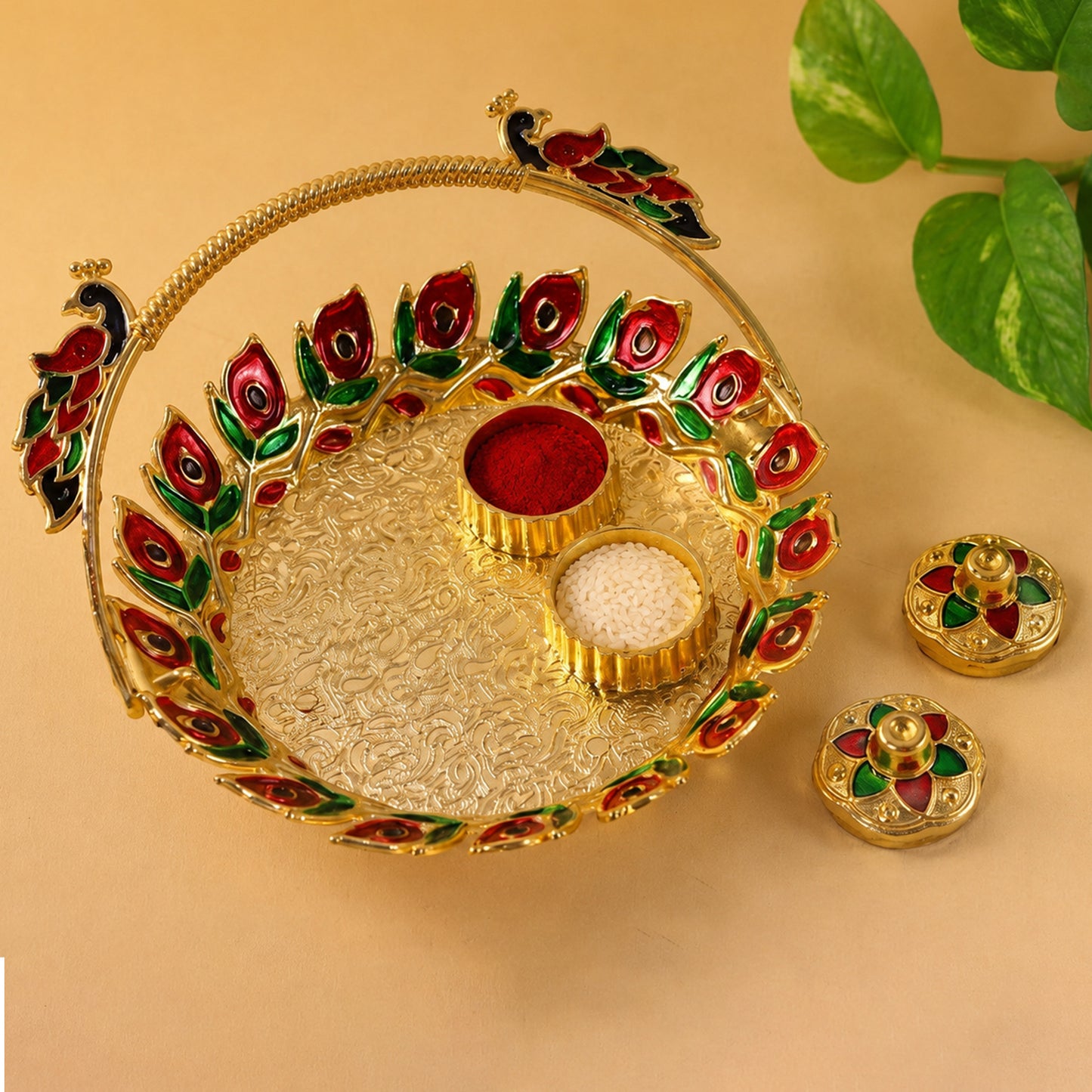 Metal Peacock Handle Kumkum Dish (1 Pc)