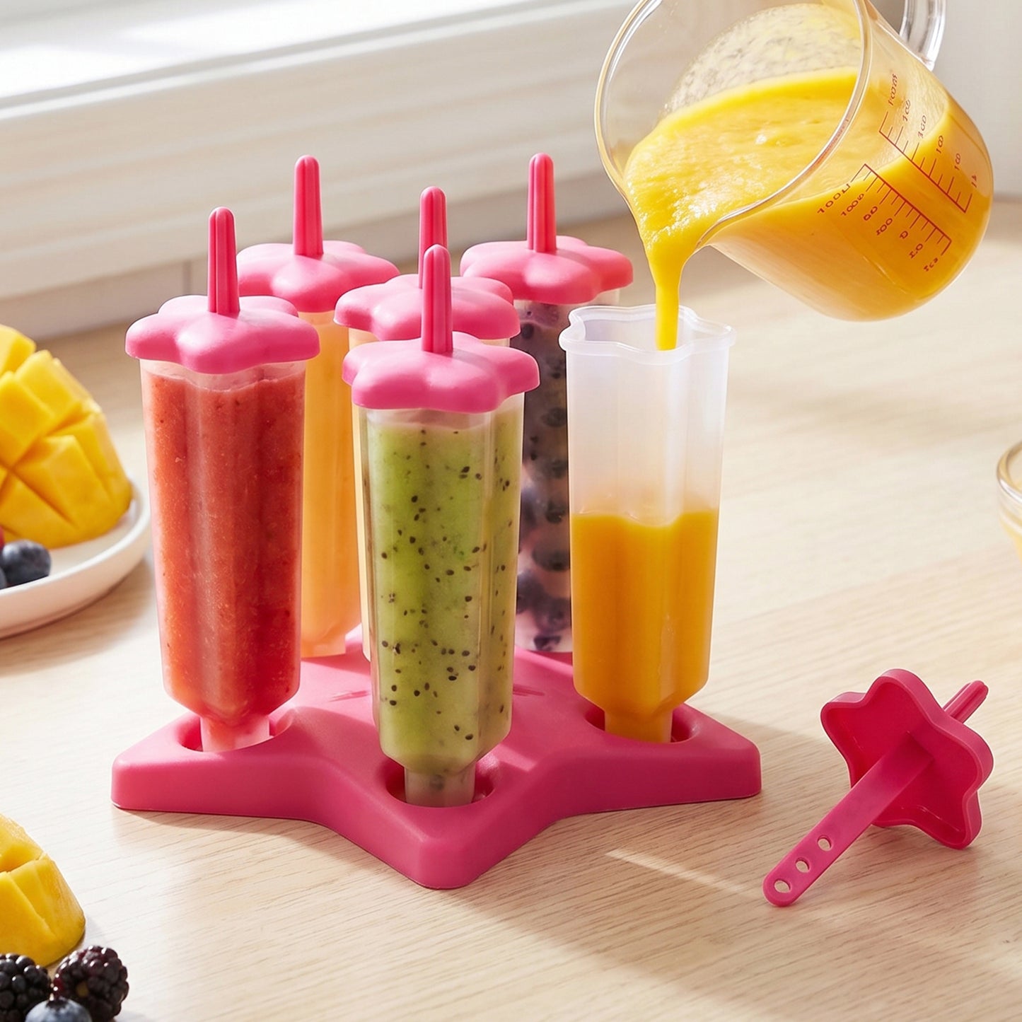 Ice cream molds with sticks ready for freezing