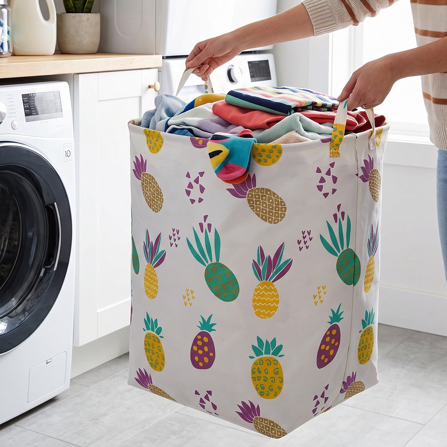Printed Fabric Clothes Storage Bag Foldable Laundry Basket Hamper (1 Pc)