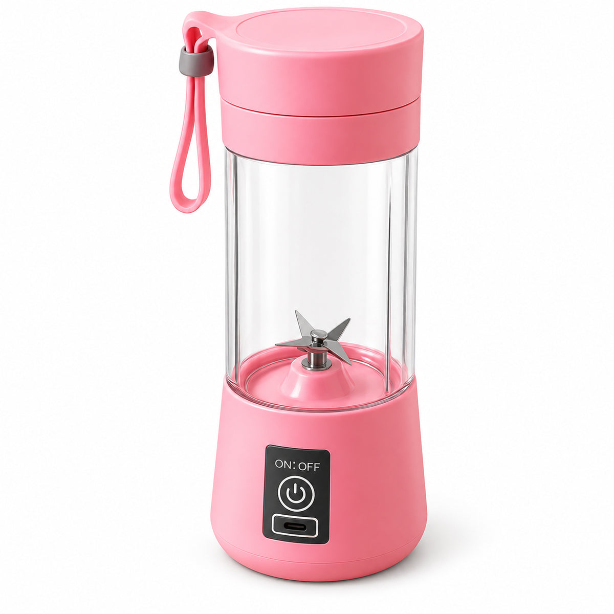 A pink portable blender with a clear jar and visible blades stands on a white background, displaying its power button.