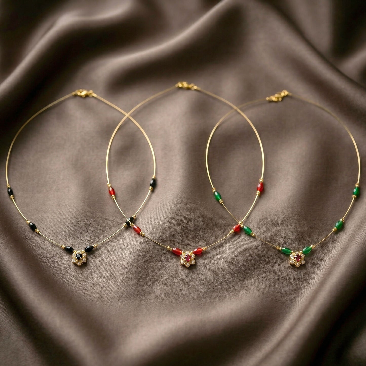 Multicolor Bead Gold Necklace with Elegant Floral Pendant (3Pc/Set)