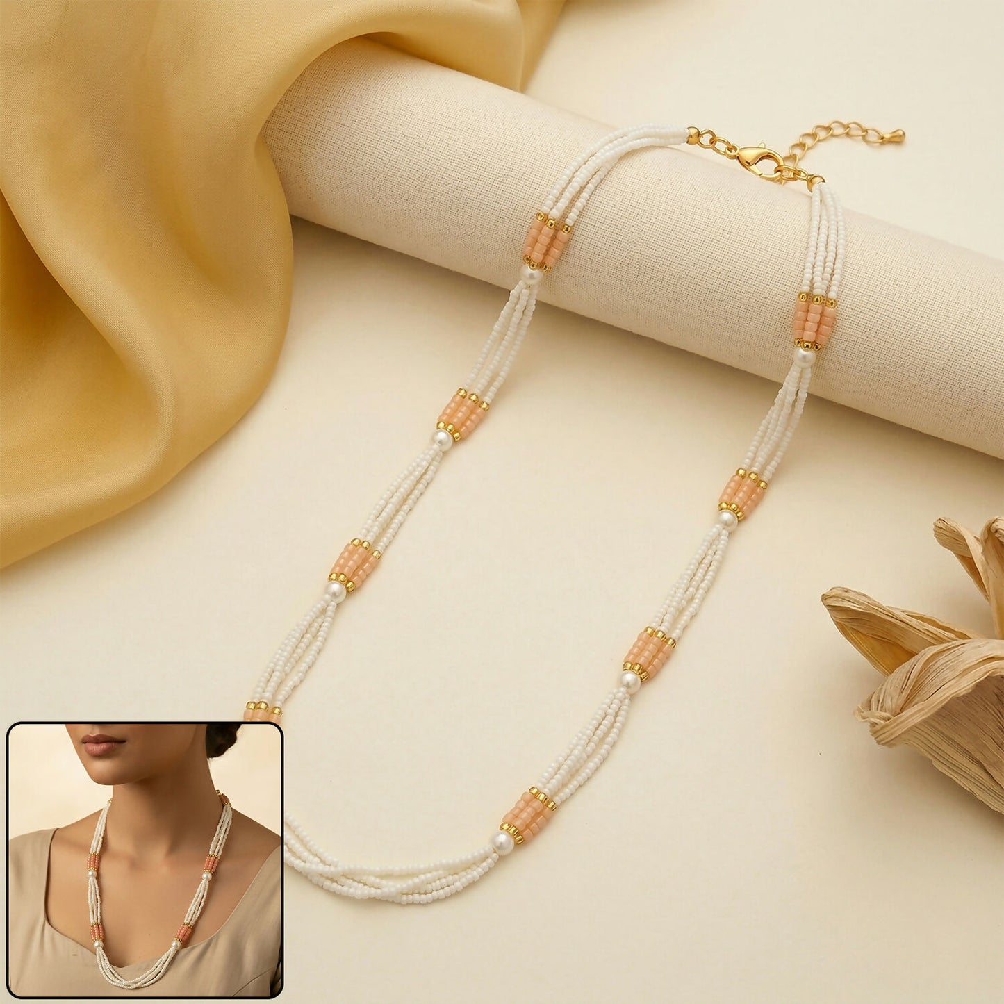 Multi-layer pearl beaded mala necklace with peach accents, perfect for ethnic wear