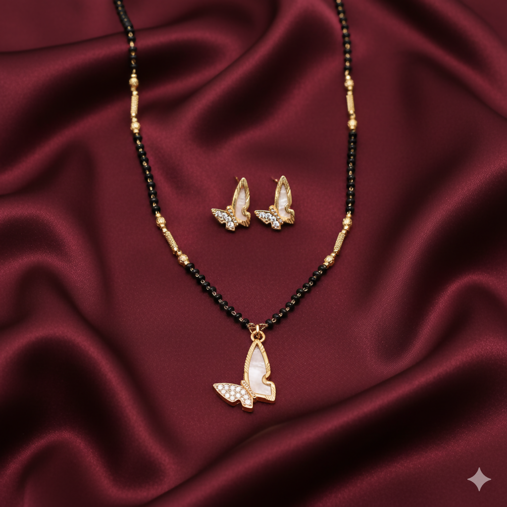 Gold-Plated AD Butterfly Mangalsutra & Matching Earrings Set for women