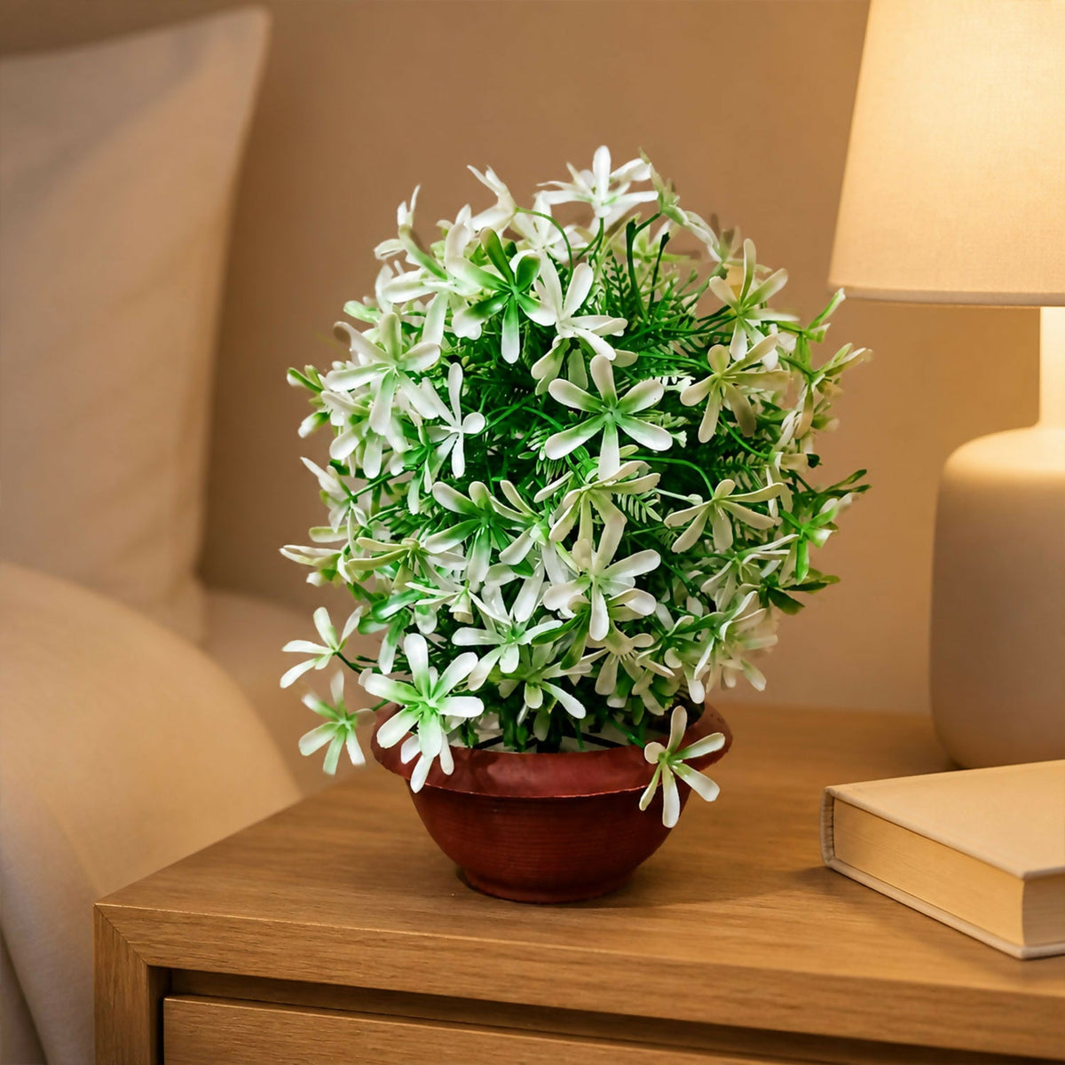Artificial White Flower Plant with Brown Bowl Pot Green Leaves Home Office Decor