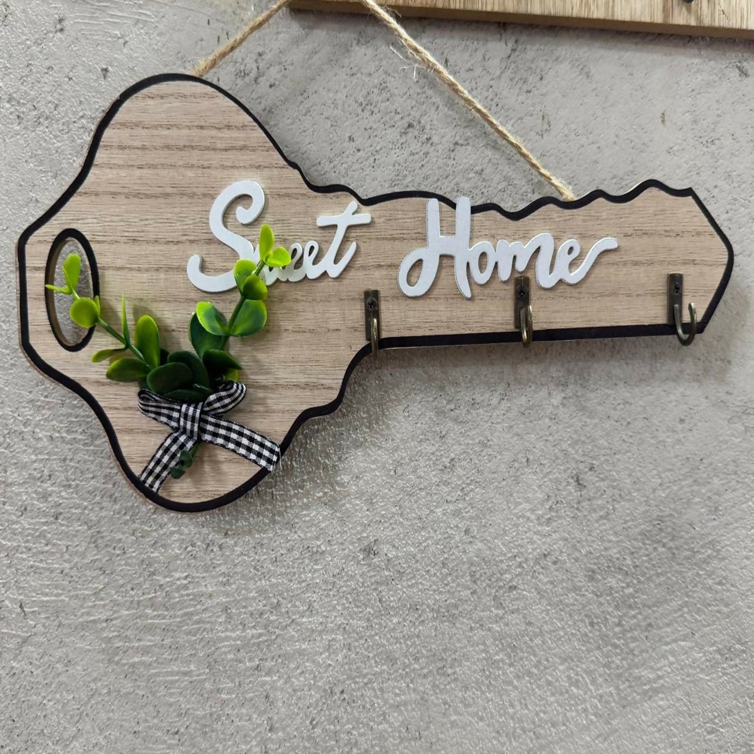 Wooden Key Holder for Wall – Sweet Home Design in Key Shape with Hooks | Decorative Wall Mounted Key Hanger with Faux Plant & Ribbon | Wooden Key Stand for Home, Entryway, Living Room & Office Décor