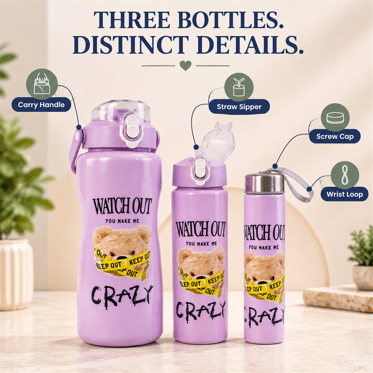Travel Water Bottle Set of 3 - Leak-Proof & Lightweight