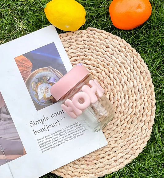 HOHO Cute Glass Milk Jar with Straw & Silicone Lid | 350ml Leakproof Reusable Smoothie Cup | Aesthetic Mason Jar Tumbler for Kids & Adults | Iced Coffee, Juice & Milkshake Cup | 12cm x 7cm | Pastel Pink