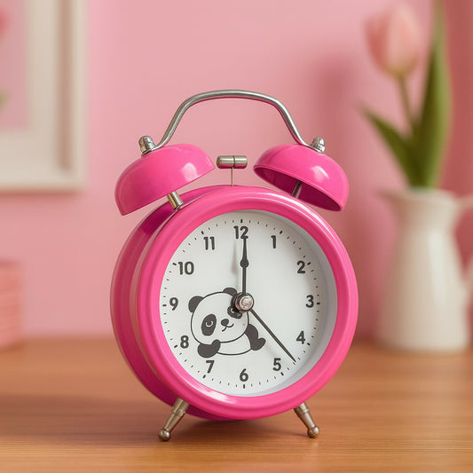 Pink Panda Cartoon Twin Bell Alarm Clock for Kids – Silent Analog Bedside