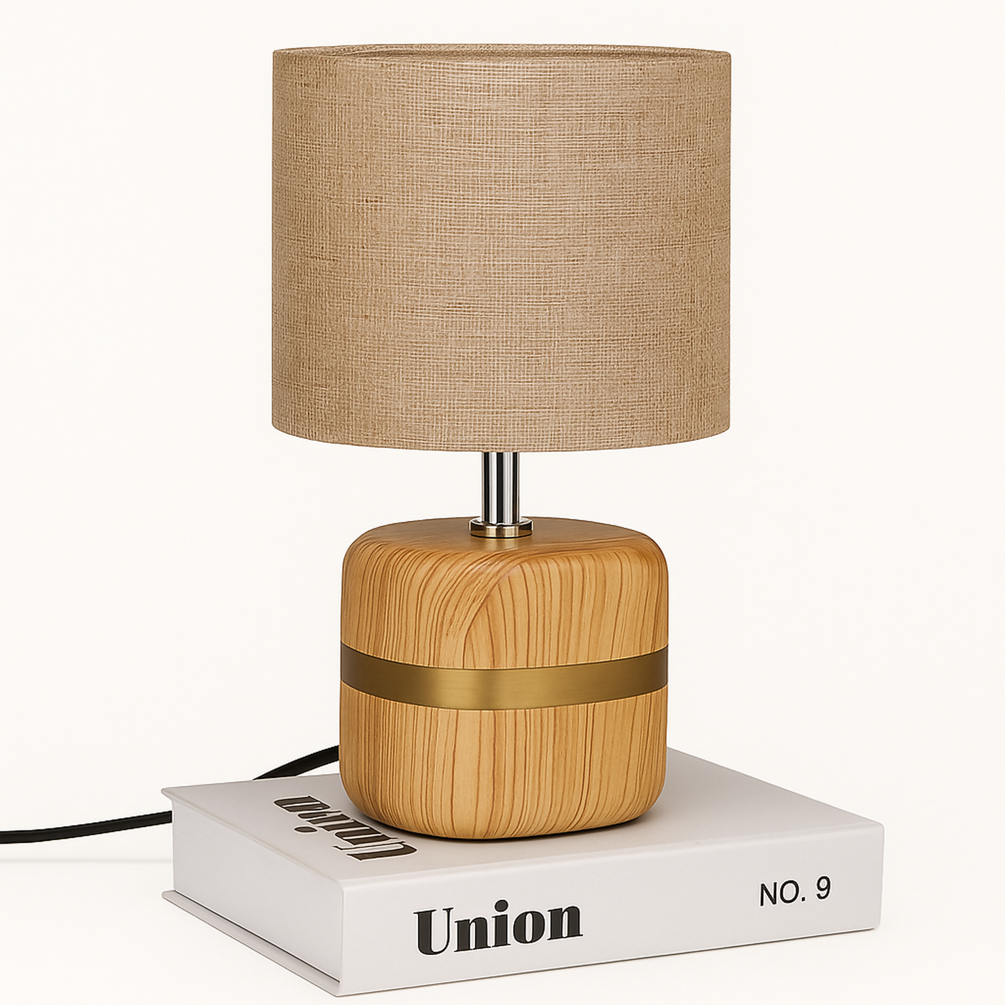 Modern Wooden Base Table Lamp with Warm Fabric Shade | Minimalist Bedside & Living Room Night Lamp | Golden Accent Decorative Lighting