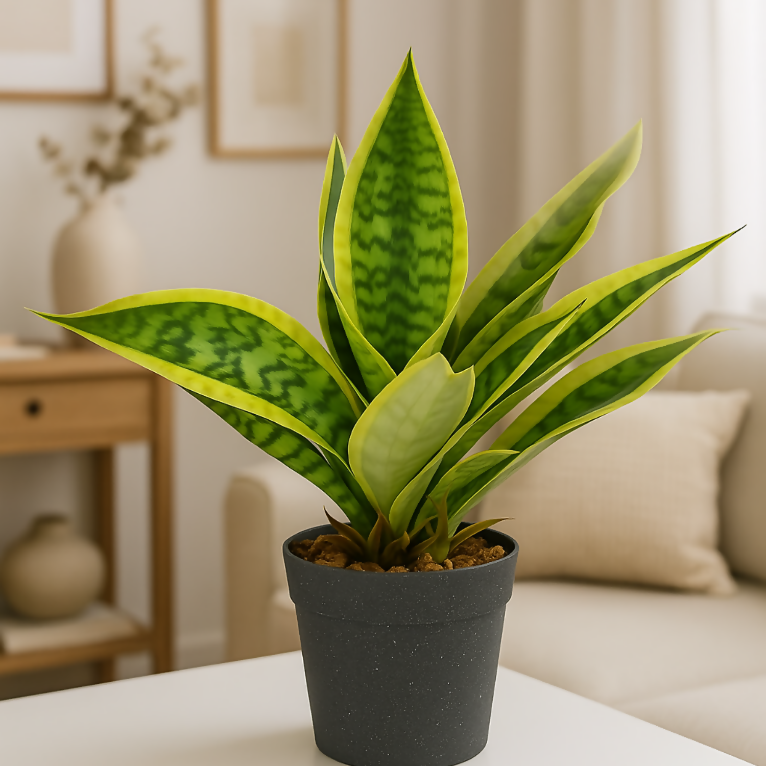 Artificial Snake Plant in Black Pot – Realistic Sansevieria Mother-in-Law’s Tongue Faux Plant – Tabletop Indoor Home Décor for Living Room, Office, Bedroom, and Balcony Decoration