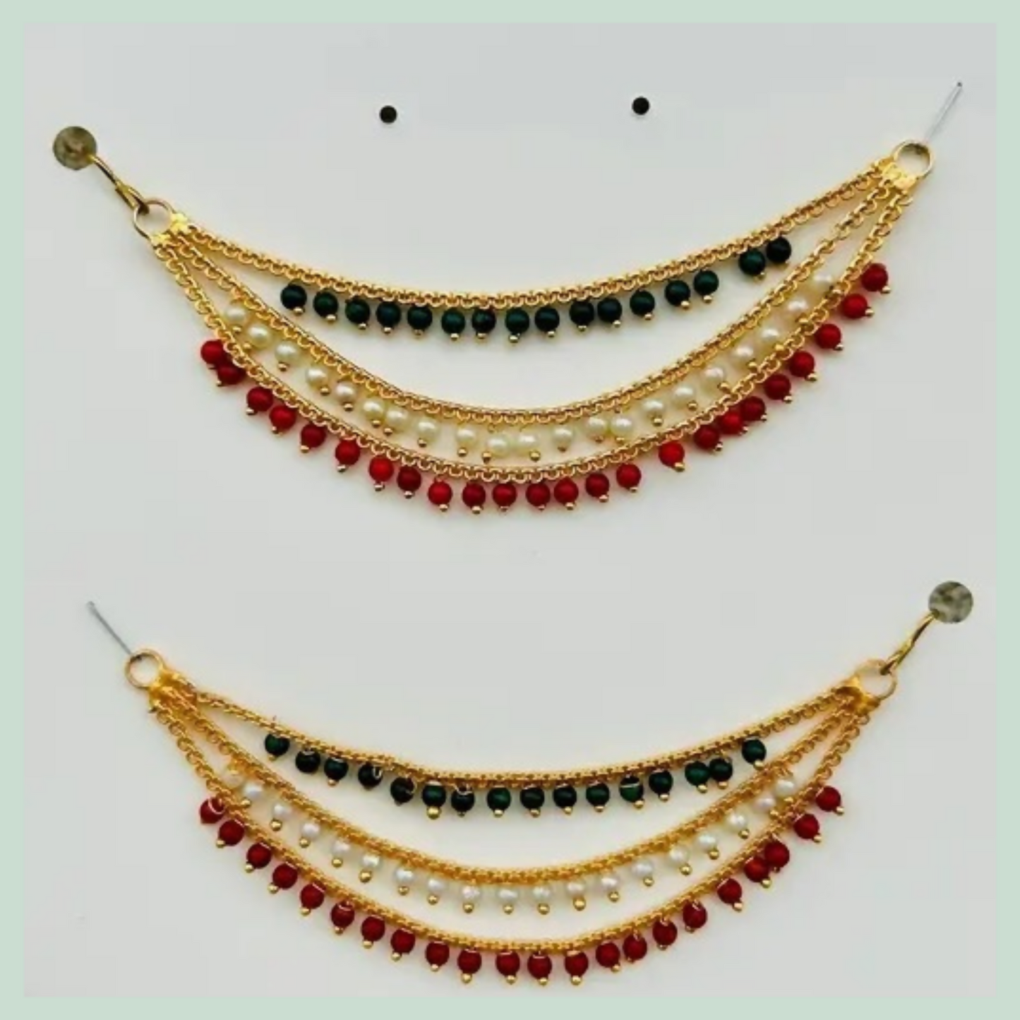 Gold-Plated Ear Chain Kanser with Red Green Beads and Pearls for Women’s Wedding Jewelry