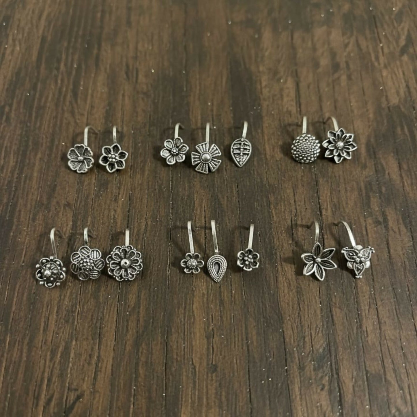 Oxidized Silver Traditional Floral Nose Pins Combo for Women & Girls (Pack of 15)