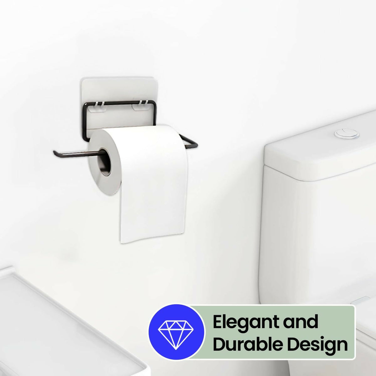 Black metal paper towel holder with a white toilet paper roll, mounted on a plain white wall.