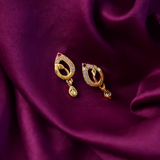 Teardrop Shape Gold Earrings with Ruby Detailing & Crystal Drops