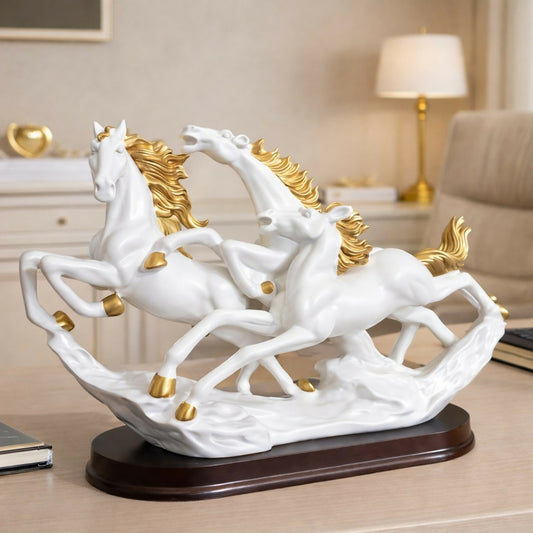 Three Running Horses Showpiece for Home Decor | White & Gold Finish