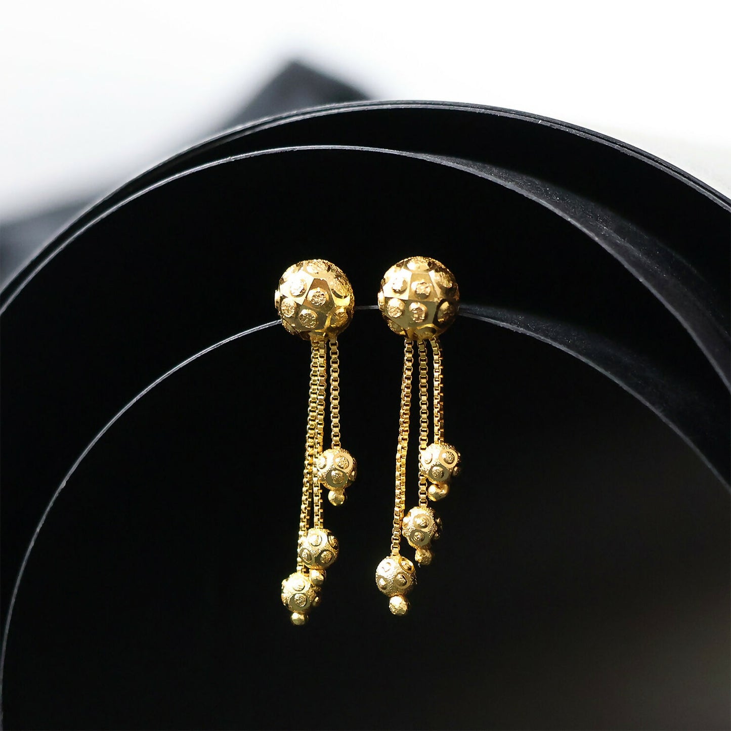 Gold Chain Tassel Style Earrings With Spherical Stud And Multi Strand Hanging Design